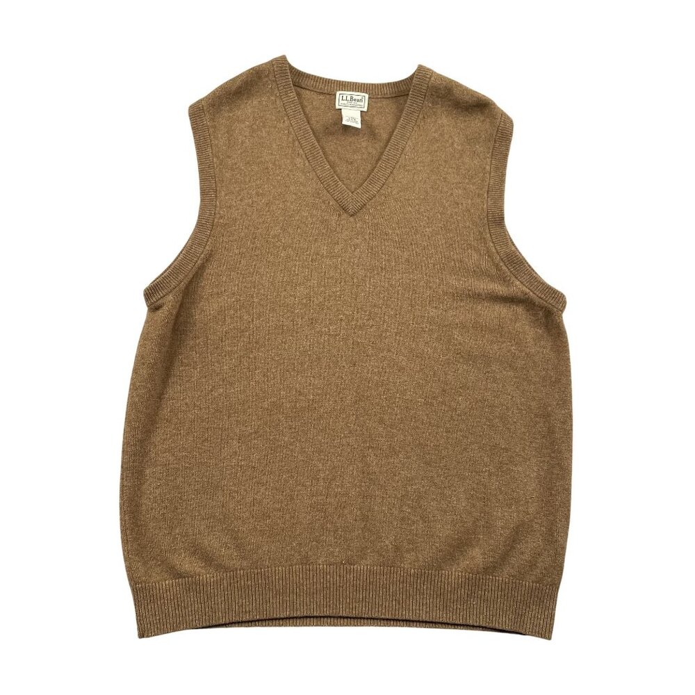 L.L. Bean Sweater Vest Mens LT Brown 100% Lambs Wool VNeck Pullover